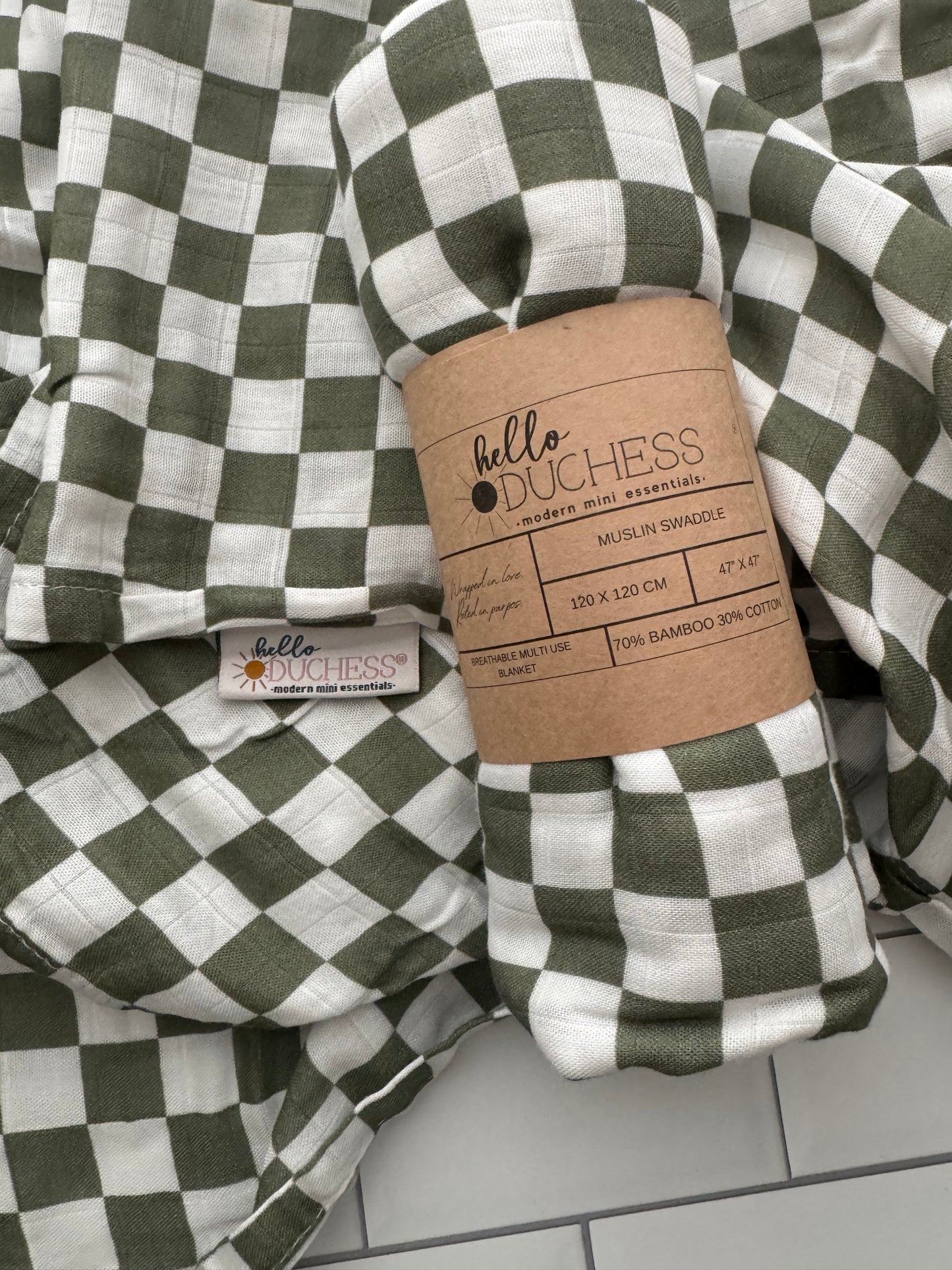 Olive Gingham Bamboo & Cotton Muslin Swaddle