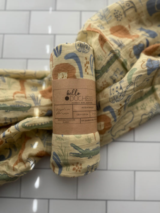 Wild Safari Muslin Swaddle | Hello Duchess® | Neutral Jungle Baby Blanket
