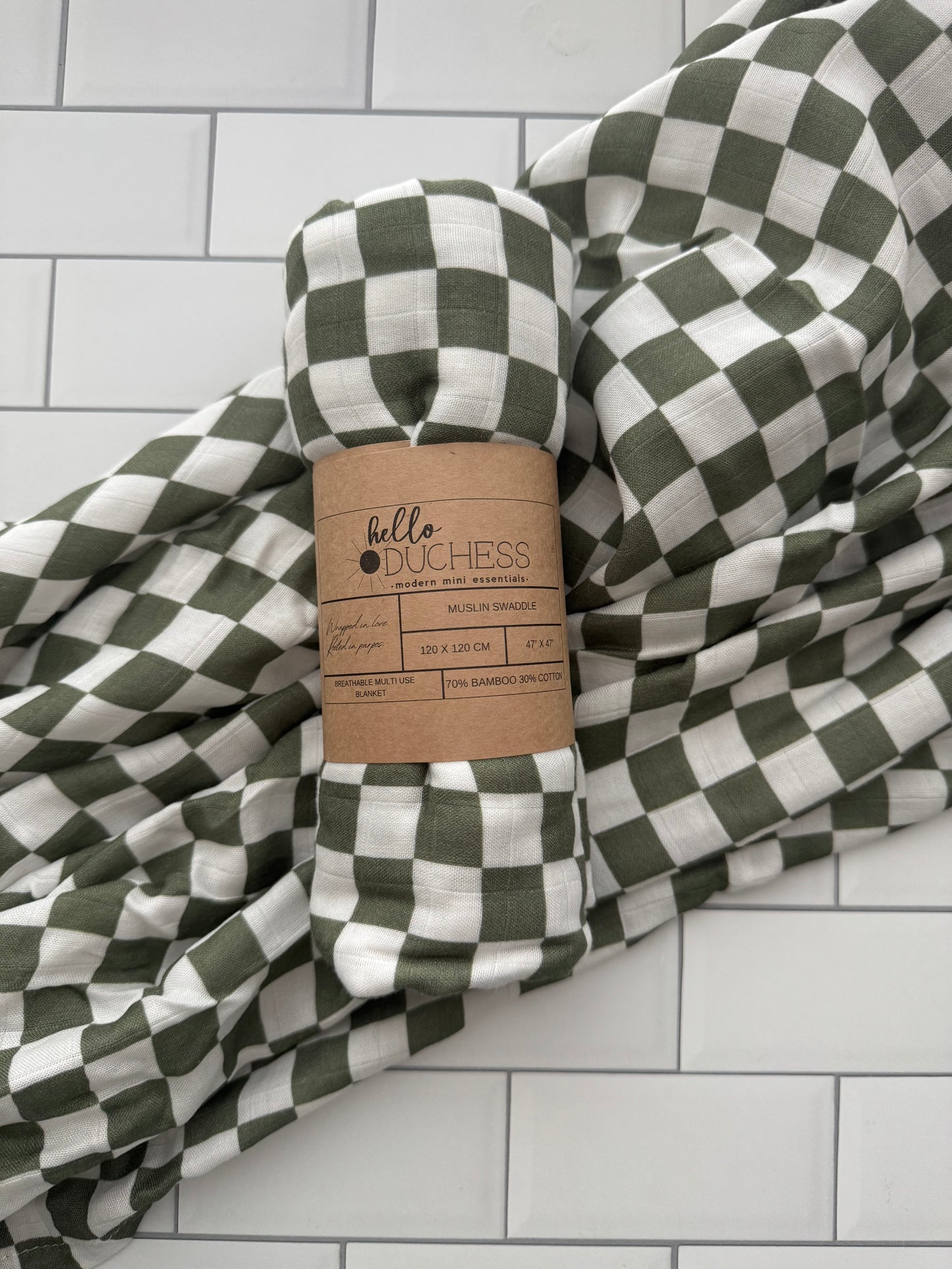 Olive Gingham Bamboo & Cotton Muslin Swaddle