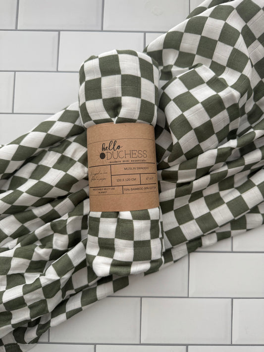 Olive Gingham Bamboo & Cotton Muslin Swaddle