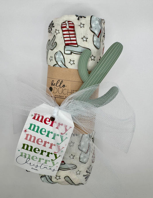 Western Baby Gift Set | Cowboy Swaddle + Cactus Teether Bundle | Boho Nursery Gift