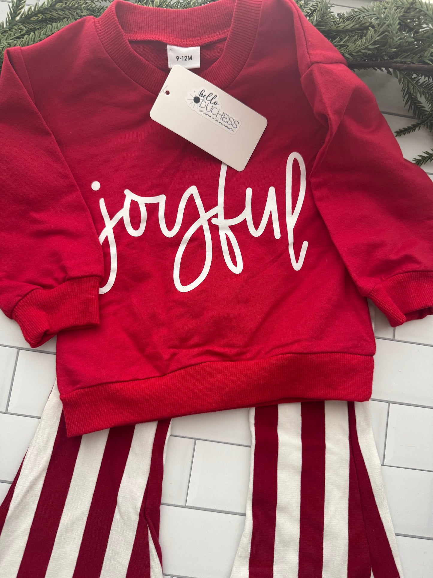 Joyful Holiday Outfit - Red Christmas Sweatshirt & Candy Cane Pants | Hello Duchess