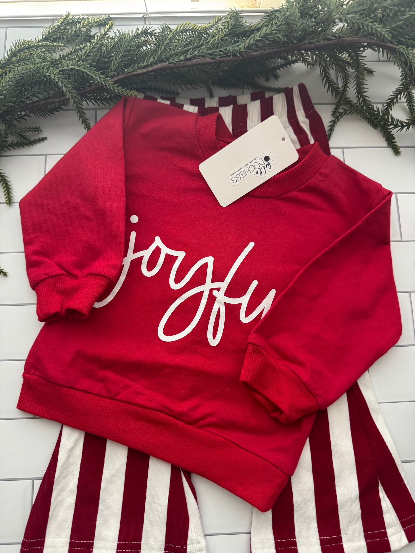 Joyful Holiday Outfit - Red Christmas Sweatshirt & Candy Cane Pants | Hello Duchess