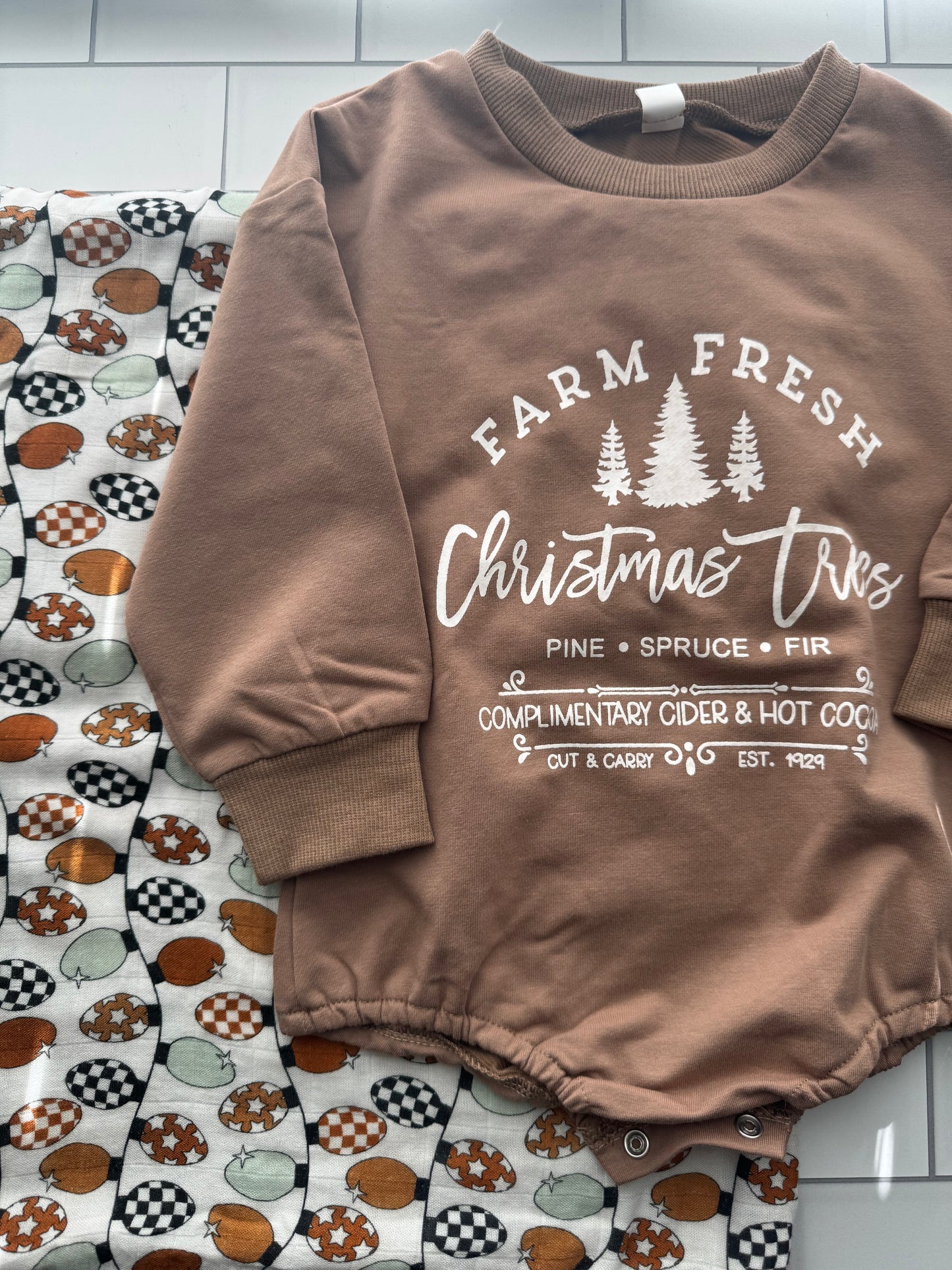Farm Fresh Christmas Onesie & Swaddle Set - Cocoa | Hello Duchess
