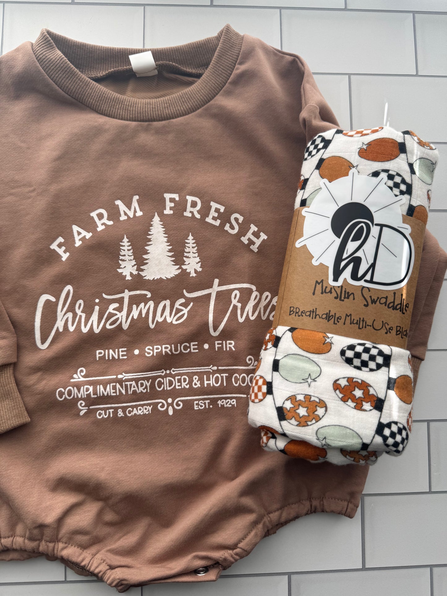 Farm Fresh Christmas Onesie & Swaddle Set - Cocoa | Hello Duchess