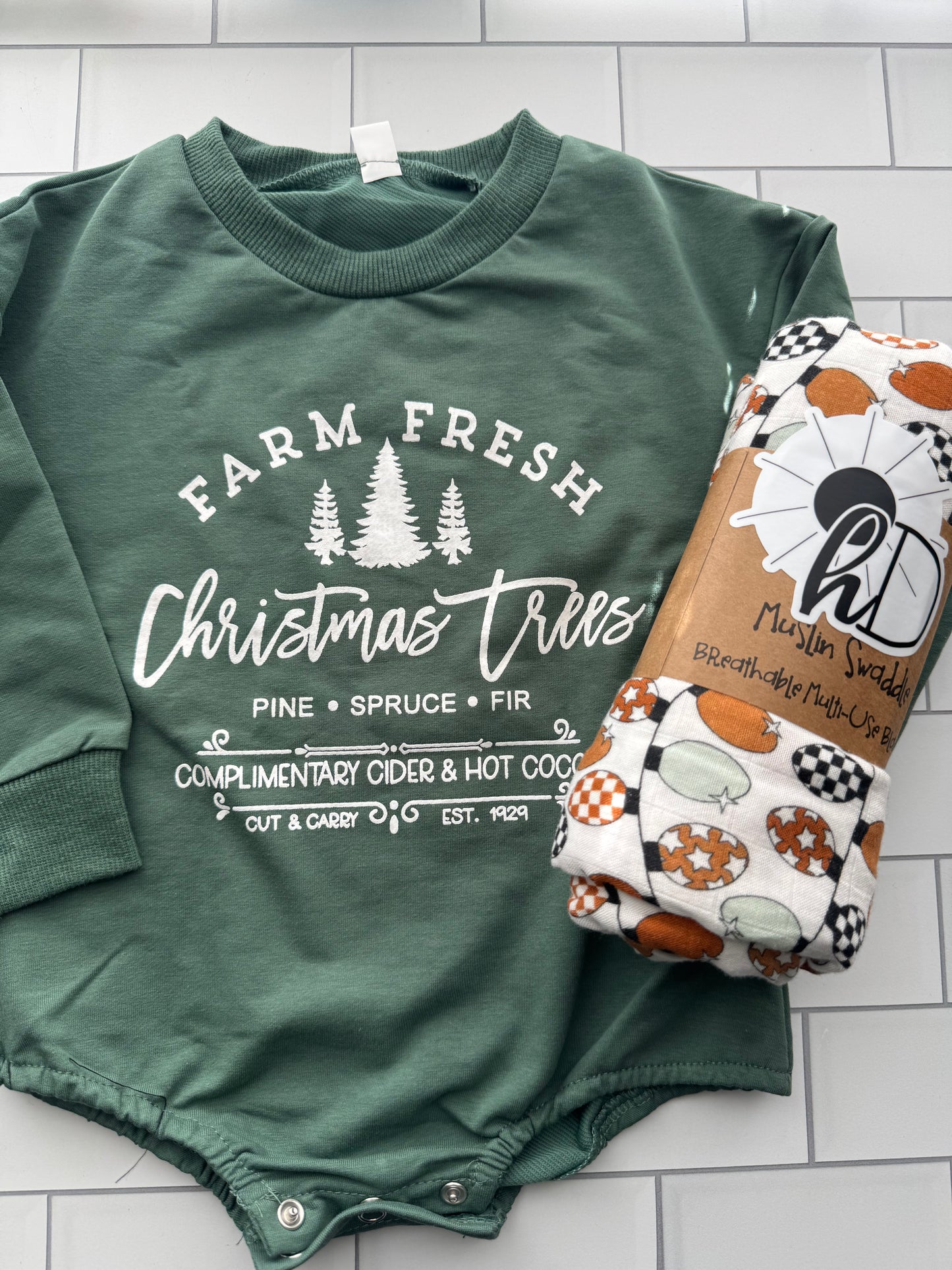 Farm Fresh Christmas Onesie & Swaddle Set - Green | Hello Duchess