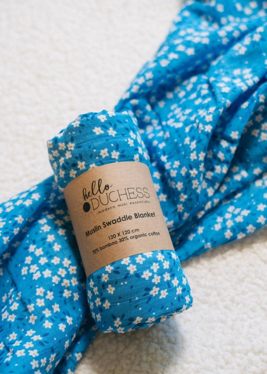 Blue & White Floral Muslin Cotton Swaddle Blanket