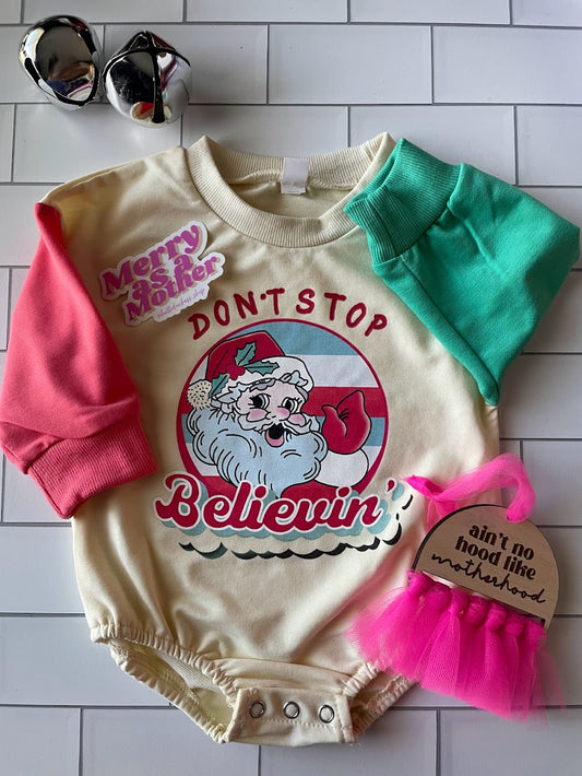 Don't Stop Believin' Holiday Onesie - Festive Baby Christmas Outfit | Hello Duchess
