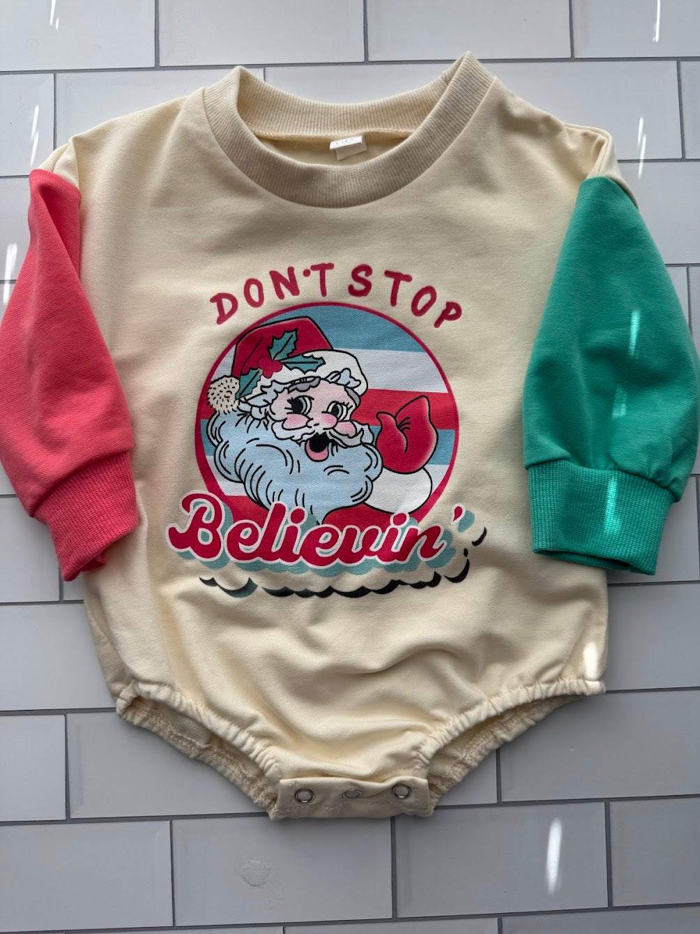 Don't Stop Believin' Holiday Onesie - Festive Baby Christmas Outfit | Hello Duchess